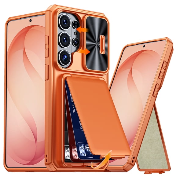 Dteck for Samsung Galaxy S26 Ultra Case with Card Holder & Slide Camera Lens Cover & Kickstand, RFID Blocking Wallet Heavy Duty Shockproof Rugged Phone Cover,Orange