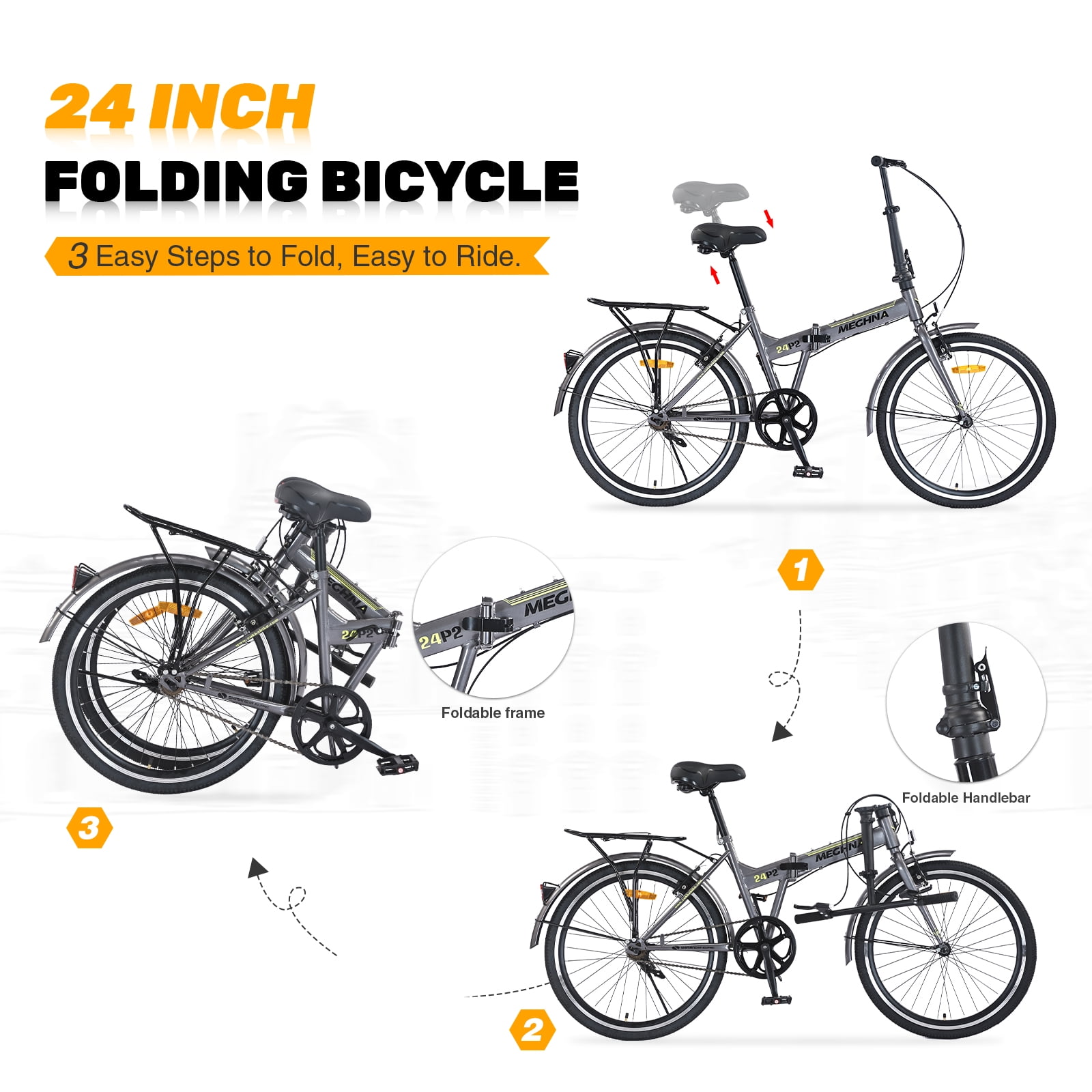 Ambifirner 24" Folding City Bikes with Fenders Single Speed Folding Bikes, Dual V-Brake Folding Commuter Bike for Adults/Men/Student