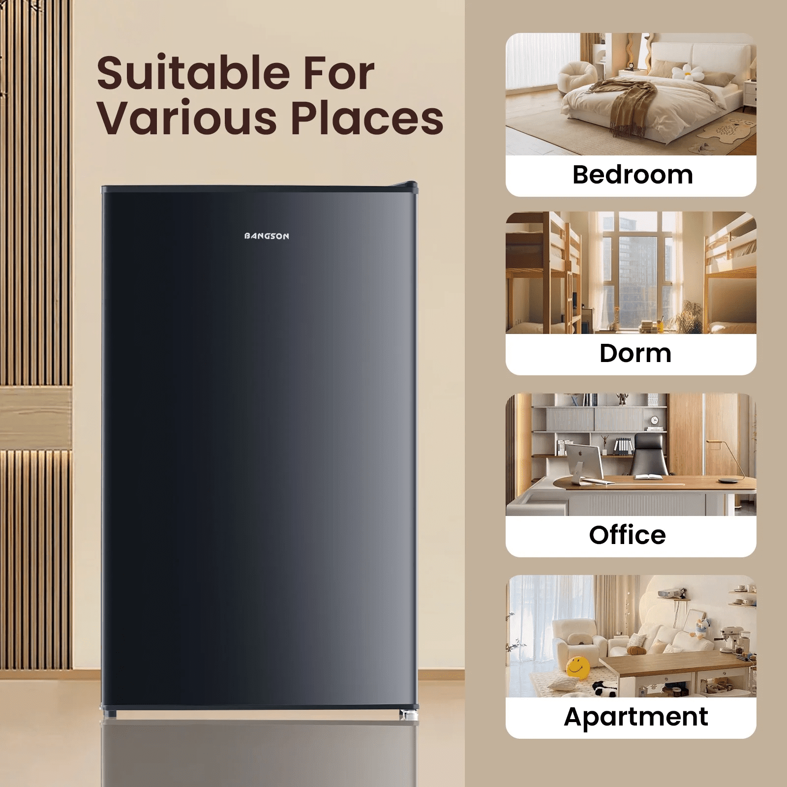 BANGSON 3.2 Cu.ft Mini Fridge with Freezer - Small Refrigerator for Bedroom Dorm Office, Compact Single Door, Adjustable 5-Temp & Quiet,Black