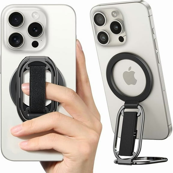 Carlikeit 2025 New MagSafe Phone Grip and Kickstand, 4-in-1 Magnetic Finger Loop Holder with 360 °   Rotation, Adjustable Strap & Foldable Stand for iPhone 16/15/14/13/12 Series