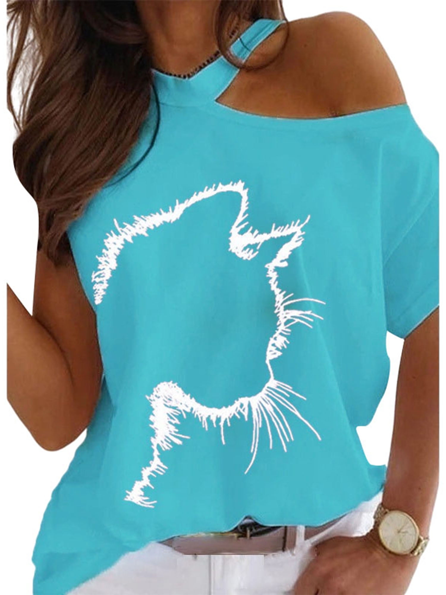 Women Summer Basic T-Shirts Summer Cute Cat Print Short Sleeve Off ...