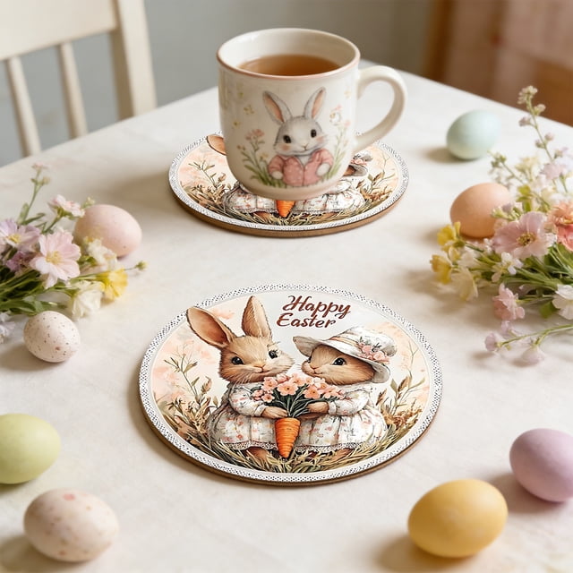 Eoozwa Easter Theme Wooden Coaster, Bunny Pattern Heat Insulation Mat for Coffee Cup Tea, Household Dining Table Protector, 3.94 x 3.94 Inches