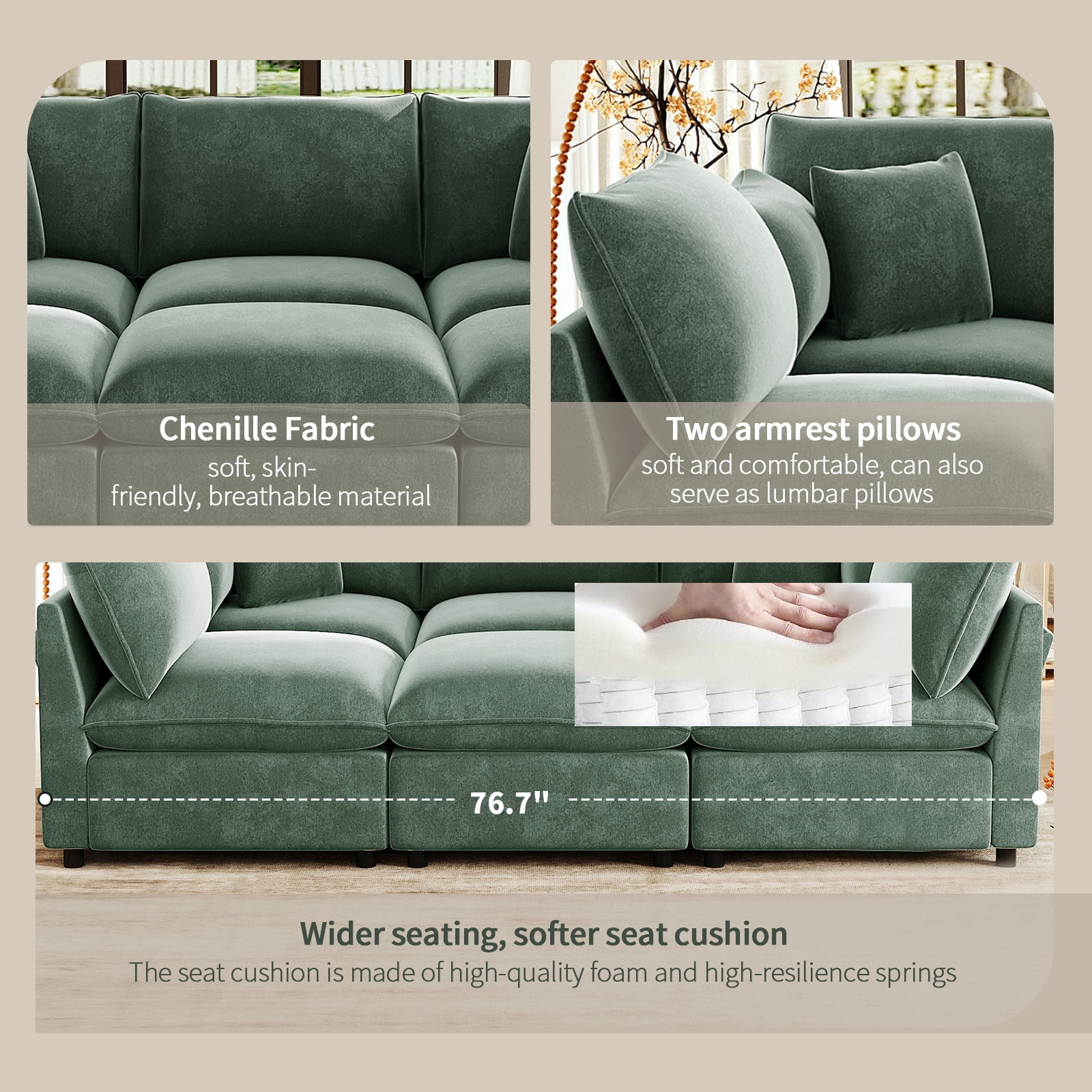 EPOWP 93.7'' Modular Sectional Sofa, U Shaped Cloud Couch with Movable Ottoman, Chenille 6 Seater Sofa Storage Armrests and USB Ports for Living Room (Green)