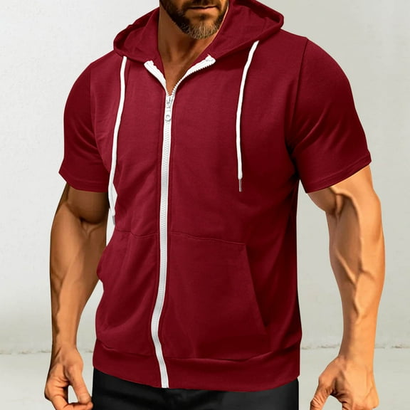 Seeotter Mens Short Sleeve Hooded Tops Comfortable Zip Up Hoodie Lightweight Solid Color Full Zipper T Shirts with Pockets