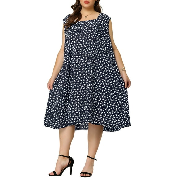 Agnes Orinda Women's Plus Size Dress Self Tie Waist Sleeveless Summer Floral Midi Dresses