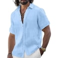 thumbnail image 3 of Men's Breathable Casual Shirts Short Sleeve Button Down Cotton Linen Tops Lightweight Regular Fit Summer Beach Shirts, #03 Sky Blue, M, 3 of 5
