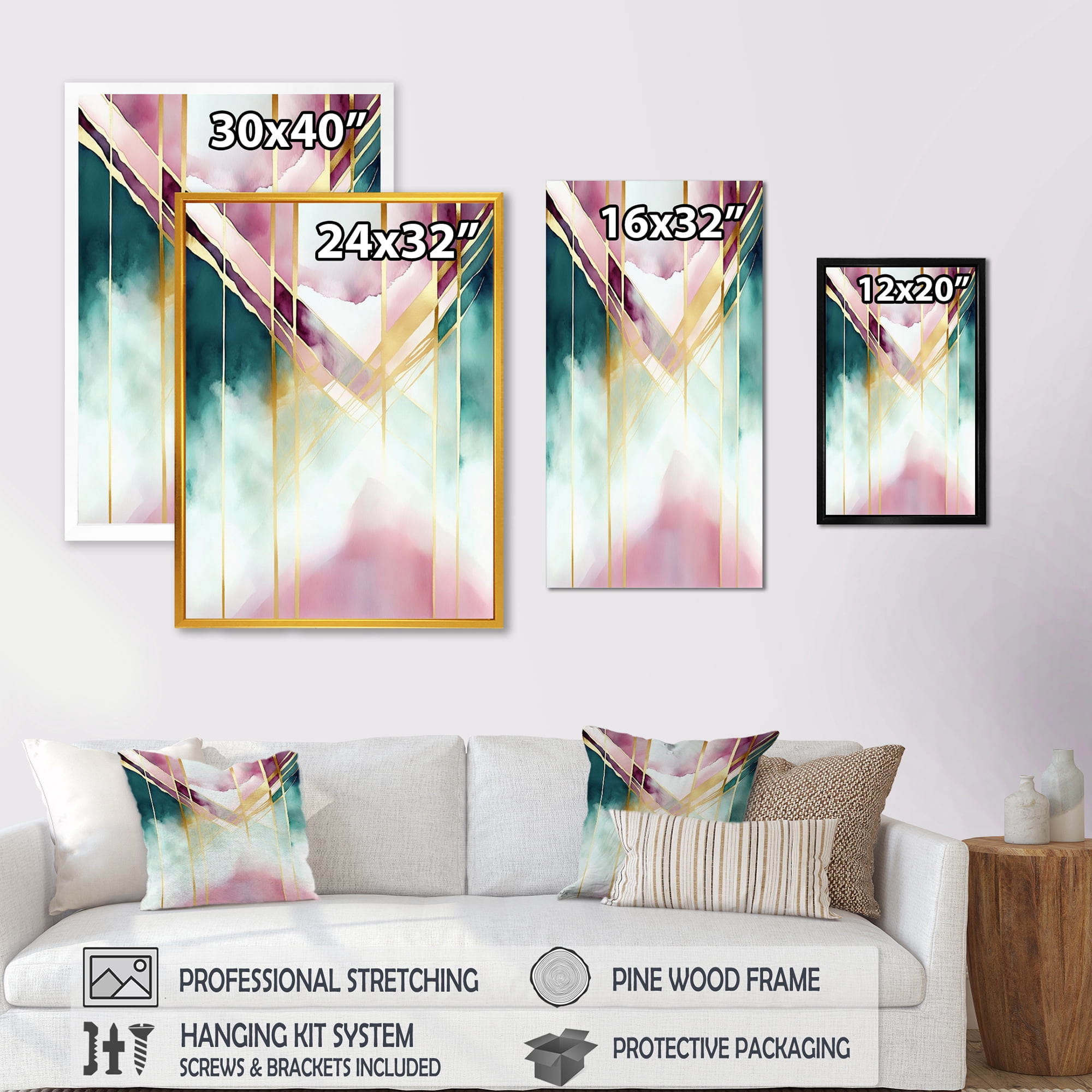 Designart Abstract Geode Geometric Pink And Green I Canvas Wall Art