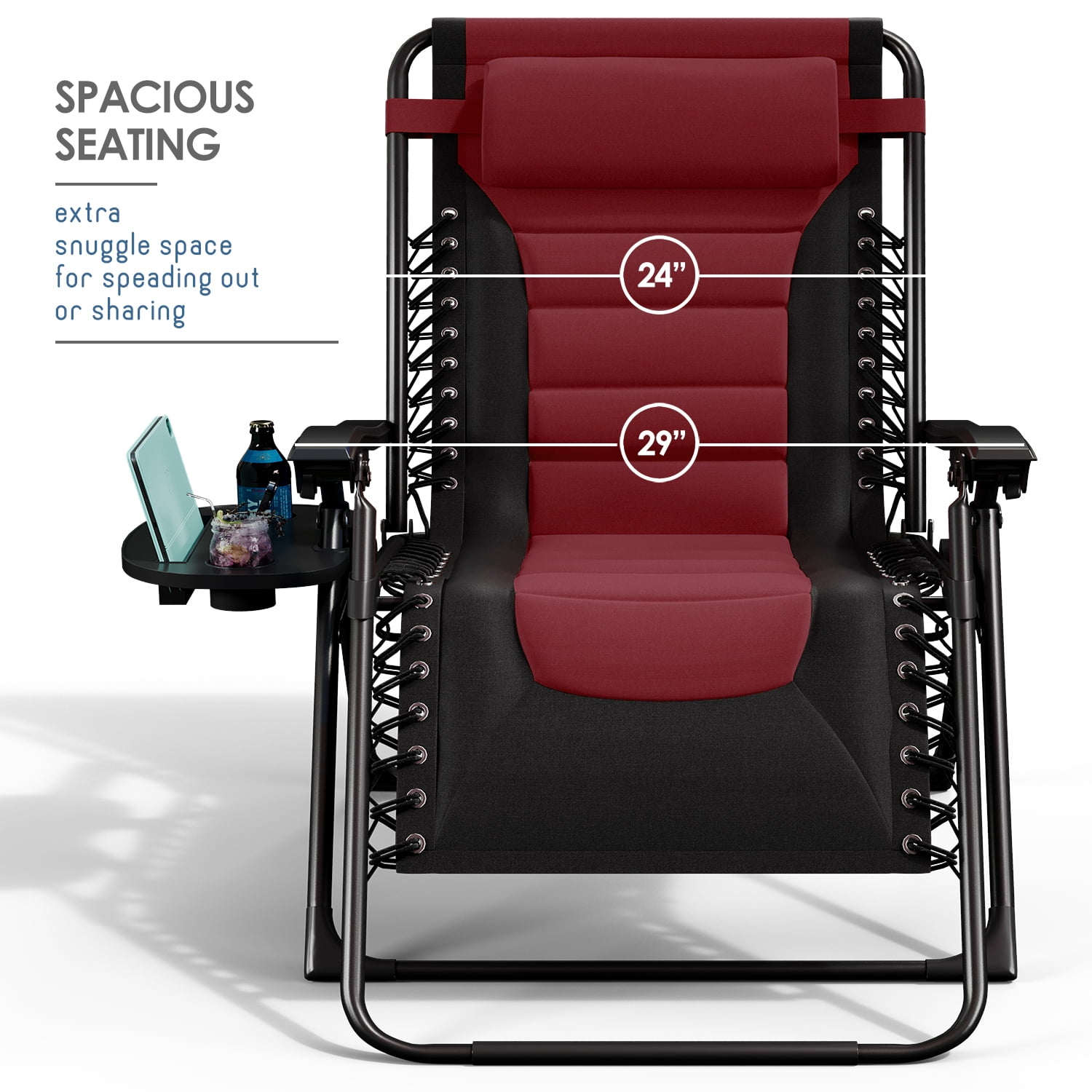 LammaLoe Padded Zero Gravity Chair set of 2, Oversized, Lounge Chair Outdoor, with Adjustable Headrest and Side Tray, 330 lbs Capacity – Black/Burgendy