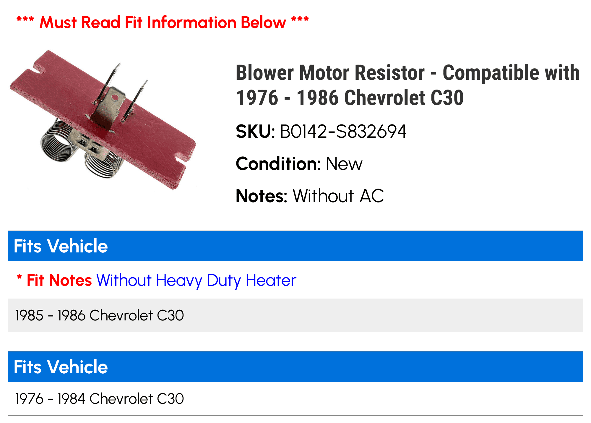 Blower Motor Resistor - Compatible with 1976 - 1986 Chevy C30 1977 1978 1979 1980 1981 1982 1983 1984 1985
