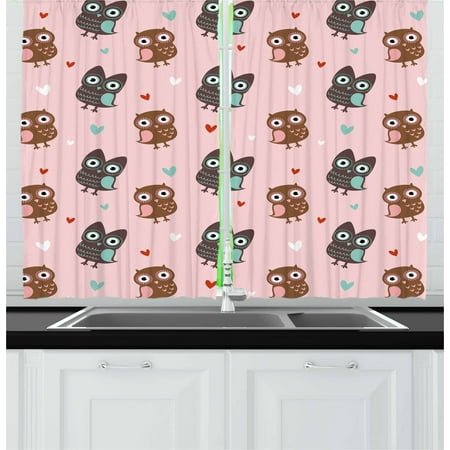 Nursery Curtains 2 Panels Set Lovely Owls With Mini Hearts