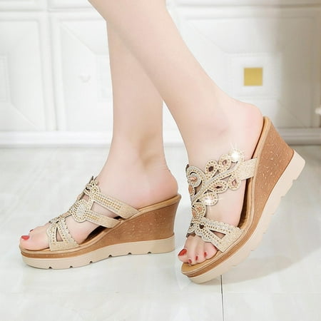 

Fanxing Womens Bohemia Wedge Sandals Sparkly Casual Rhinestones Dress Shoes Slip-On Chunky Platform Sandals for Ladies