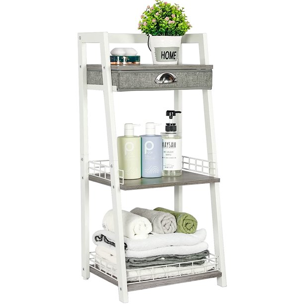 3Tier Bathroom Ladder Shelf, Bathroom Floor Storage Shelf with Drawer