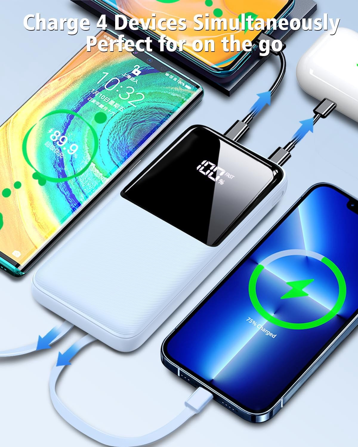 Portable Charger Power Bank, 20000mAh Fast Charging Portable Battery Pack with Built in USB-C(22.5W) and iOS(20W) Output Cables Compatible for iPhone Android Samsung Phone, Blue