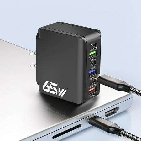 65W 6-Port Fast Wall Charger with 3 USB-C and 3 USB-A Ports for Home Office Travel - 1 Pack