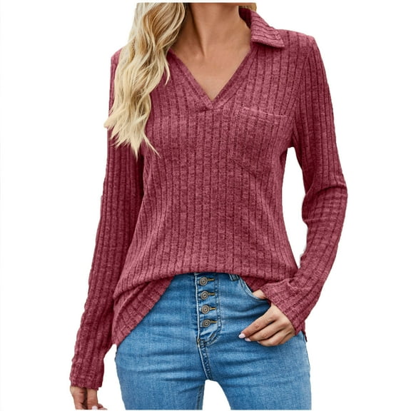 BLVB Womens V Neck Sweaters Fall Long Sleeve Knit Ribbed Tops Tunic Pullover Sweater Casual Lapel Shirts Blouses