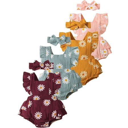 

WIBACKER Infant Baby Girls Summer Sleeveless Daisy Bodysuits Tutu Rompers Newborn Outfits With Headband