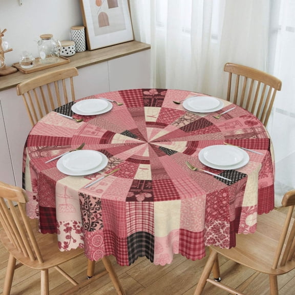 Pink Patchwork Plaid Spiral Round Tablecloth Waterproof Oil-Proof Plastic Table Cloth Stain-Resistant Wipeable 60" for Camping, Dining, Indoor and Outdoor