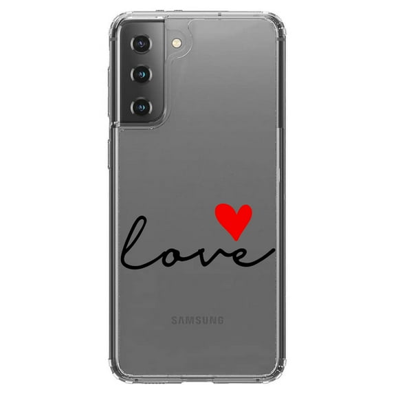 DistinctInk Clear Shockproof Hybrid Case for Galaxy S21 5G (6.2" Screen) - TPU Bumper Acrylic Back Tempered Glass Screen Protector - Love Heart Black & Red