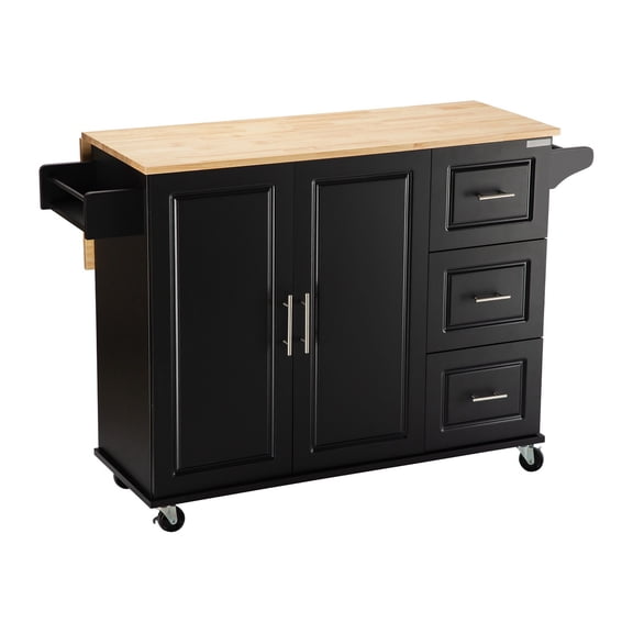 Knubmt Wood Top Kitchen Island with Shelf and Cabinet and 3 Drawers, Kitchen Cart with Spice Rack and Towel Rack, Black