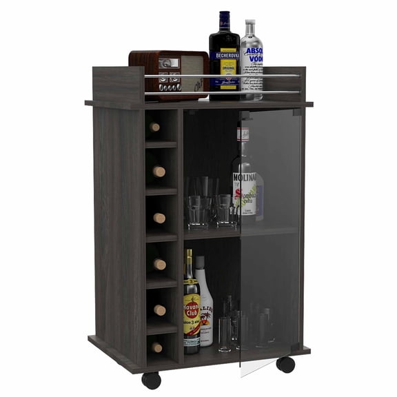 Nmkwnr Glass Door Bar Cart with 4 Wheels and 2 Shelves, Dark Brown
