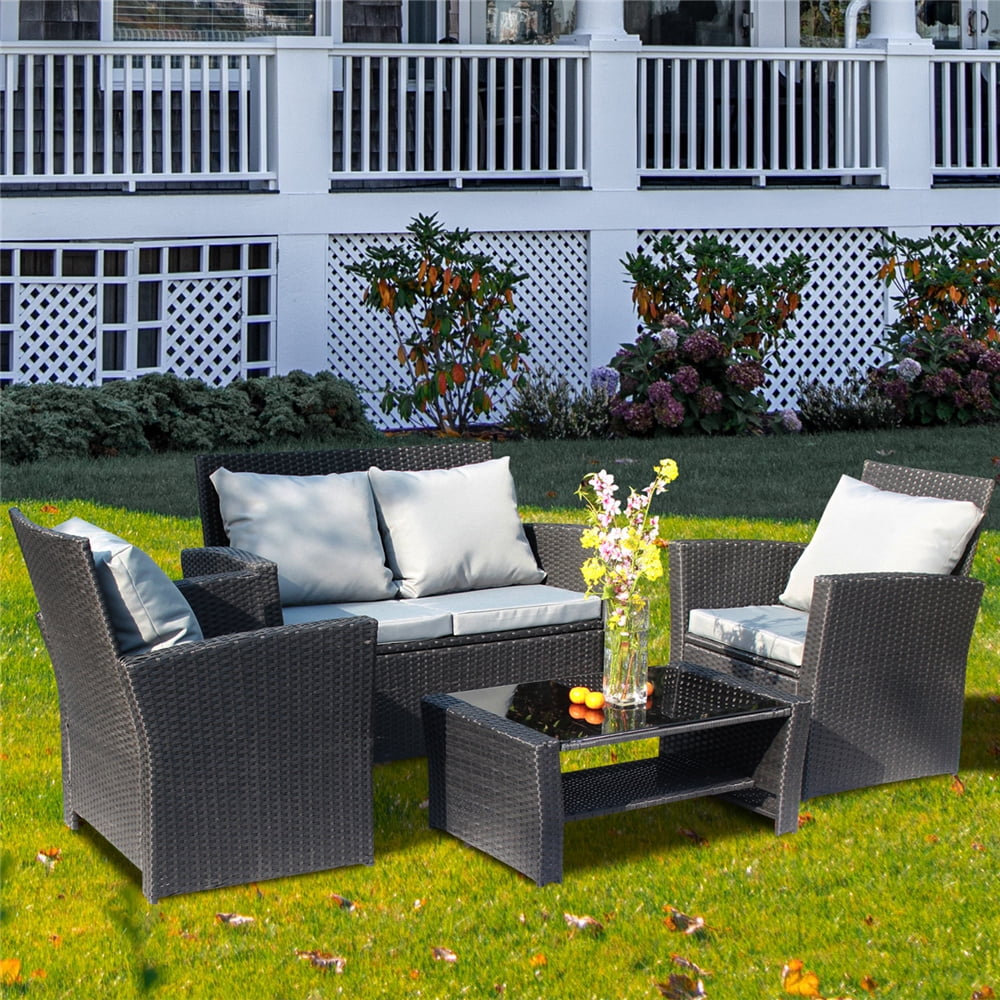 Outdoor Patio Furniture Sets, 4 Piece Wicker Patio Set with Glass