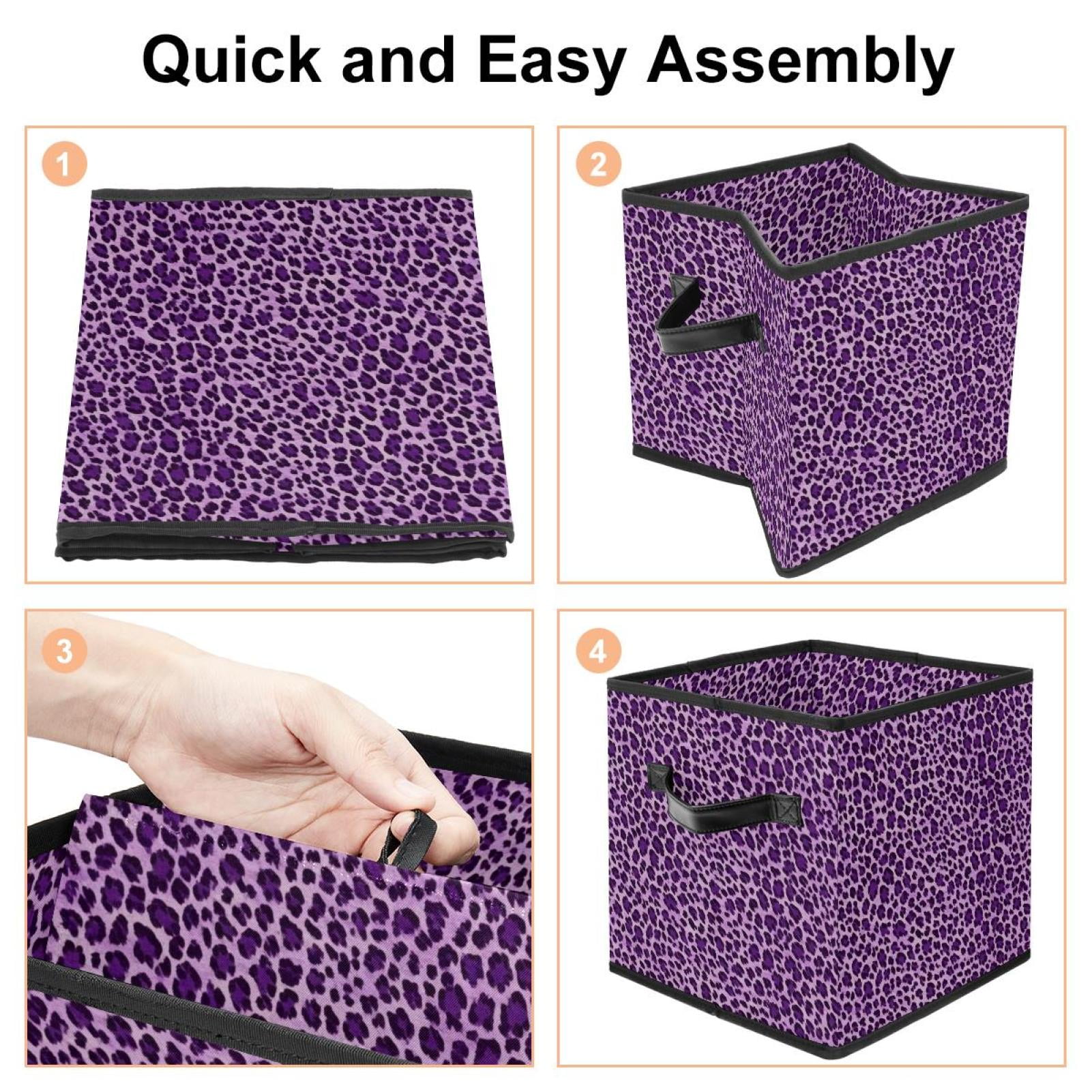 RATGDN Collapsible Fabric Cube Storage Bin with Double Handles for Living Room Bedroom Office Black - Deep Purple Leopard Print
