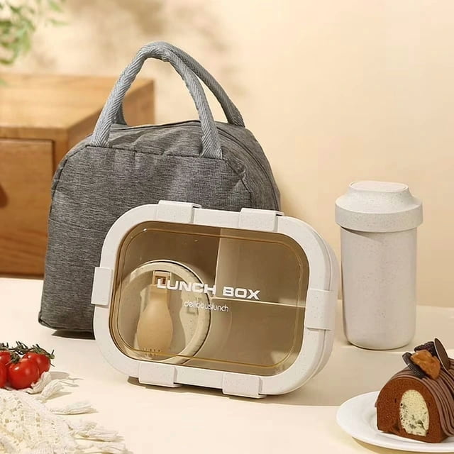 ZYNERY Boîte à Lunch Bento 1350 ml avec Bol à Soupe 250 ml, Blanc Cassé avec Couvercle transparent, Joints en silicone et Pinces de Verrouillage pour un Rangement Étanche. Comprend un Sac Isolé Gris et un Contenant à Soupe Assorti. Compatible Micro-Ondes et Empilable, Idéal pour Adultes et Ados pour le Bureau, les Voyages Ou les Pique-Niques.