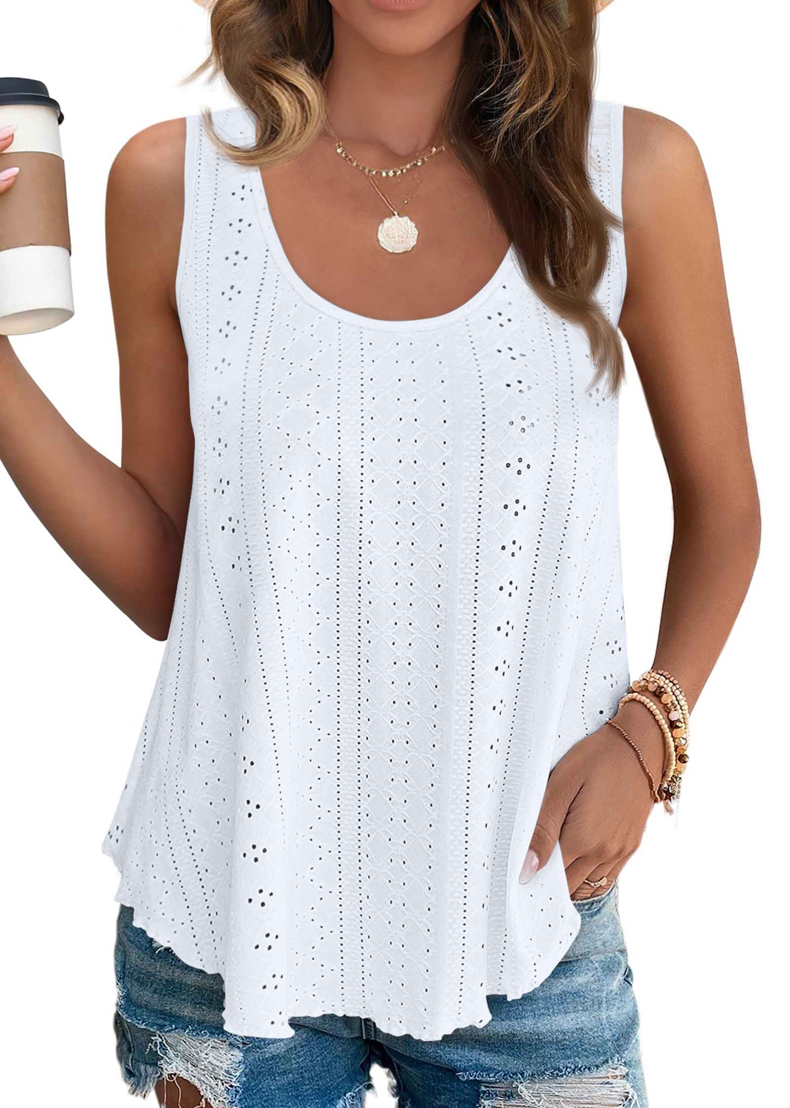 Fantaslook Women's Eyelet Embroidery Crew Neck Tank