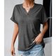 thumbnail image 2 of Camiseta de Mujer Manga Corta Botón Decoración Cuello en V Color Puro Señora Jersey Top para el Trabajo Compras Diarias Gris Oscuro M, 2 of 8