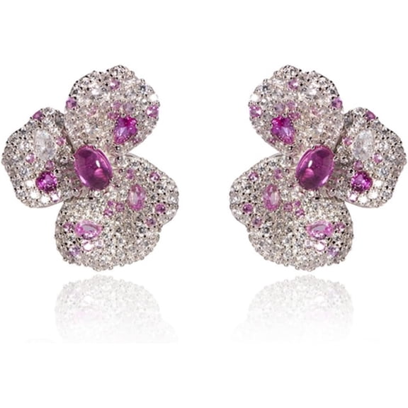 Pink Created Ruby Earrings Elegant Women Flower Earrings S925 Sterling Silver CZ Simulated Diamond Stud Earrings for Women Dainty Mixed Cut Bridal Earrings