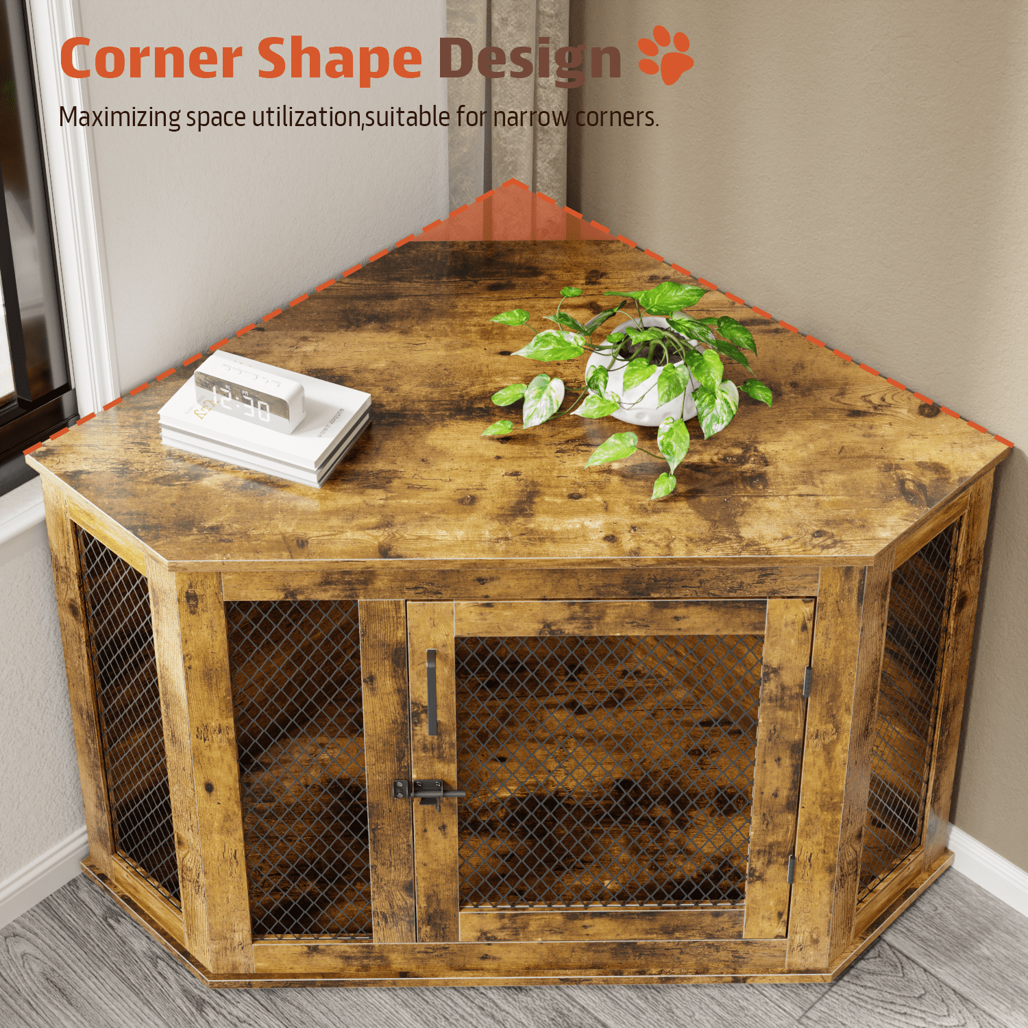 Bossin 52"Corner Dog Crate Furniture，Wooden Dog Kennel Indoor Furniture，Decorative Dog Crate, Dog Kennel TV Stand End Table for Small to Large Dogs
