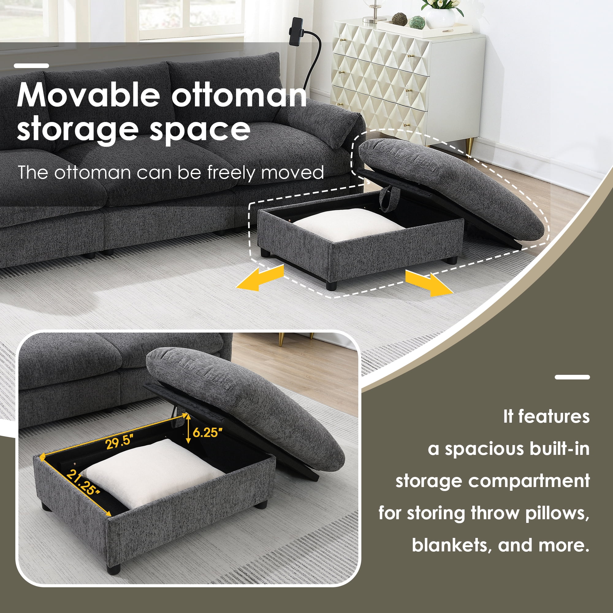 Euroco 96.5'' L-Shaped Sectional Sofa with Storage Ottoman and Pockets, Adjustable Phone Holder, USB Charger, Elephant Ear-Shaped Armrests, Comfy Seat for Living Room&Apartment