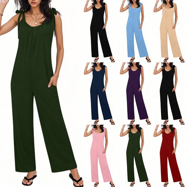 Sentmoon Womens Rompers Dressy Sleeveless Crew Neck Jump Suits for Womens Solid Color Pleated Regular Fit Summer Outfits for Concert and Rave S-2XL