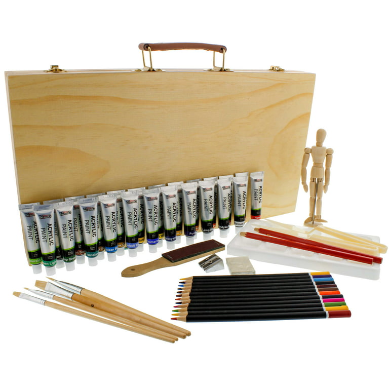 US Art Supply 50-Piece Complete Artist Painting and Drawing Set in Wood  Storage Case - 24 Acrylic Paint Colors, 4 Brushes, 12 Colored & 2 Graphite