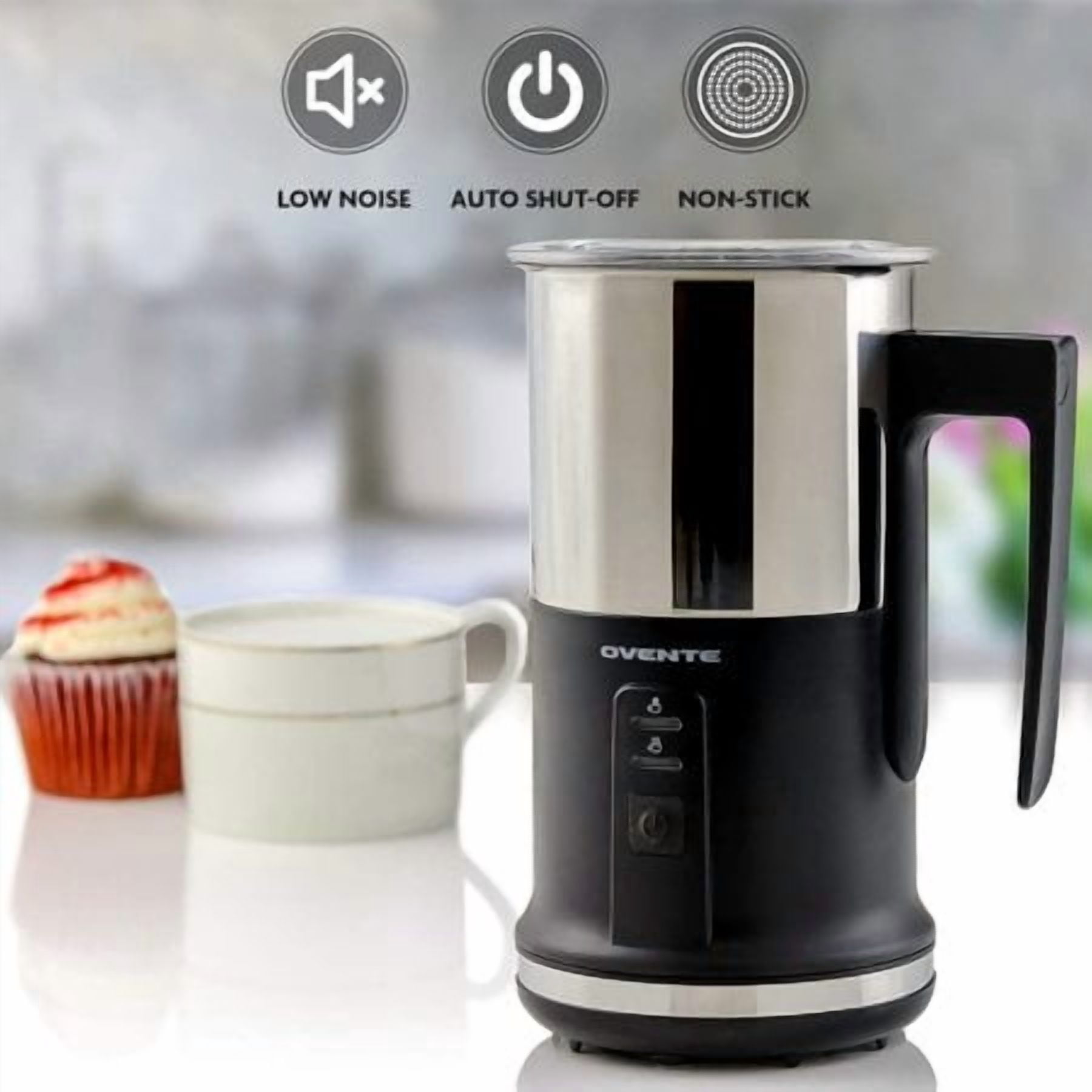 OVENTE Electric Milk Frother & Warmer, Hot & Cold Foam Maker, Auto Shutoff, Silent Operation, for Coffee, Latte, Cappuccino & Hot Chocolate, Compact Design, Black, FR1208B