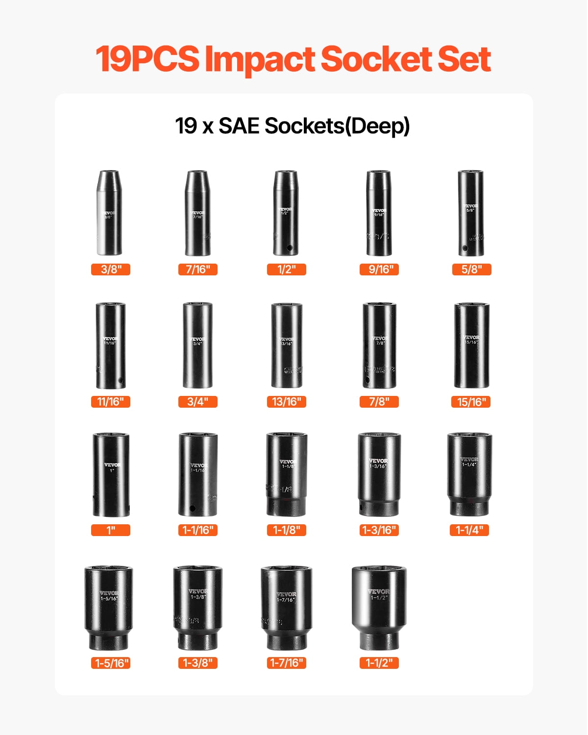 VEVOR Impact Socket Set, 1/2" 19 Piece Impact Sockets, Deep Socket, 6-Point Sockets, 1/2 Inches Drive Socket Set Impact 3/8 inch - 1-1/2 inch, Cr-V Rugged Construction, with a Storage Cage