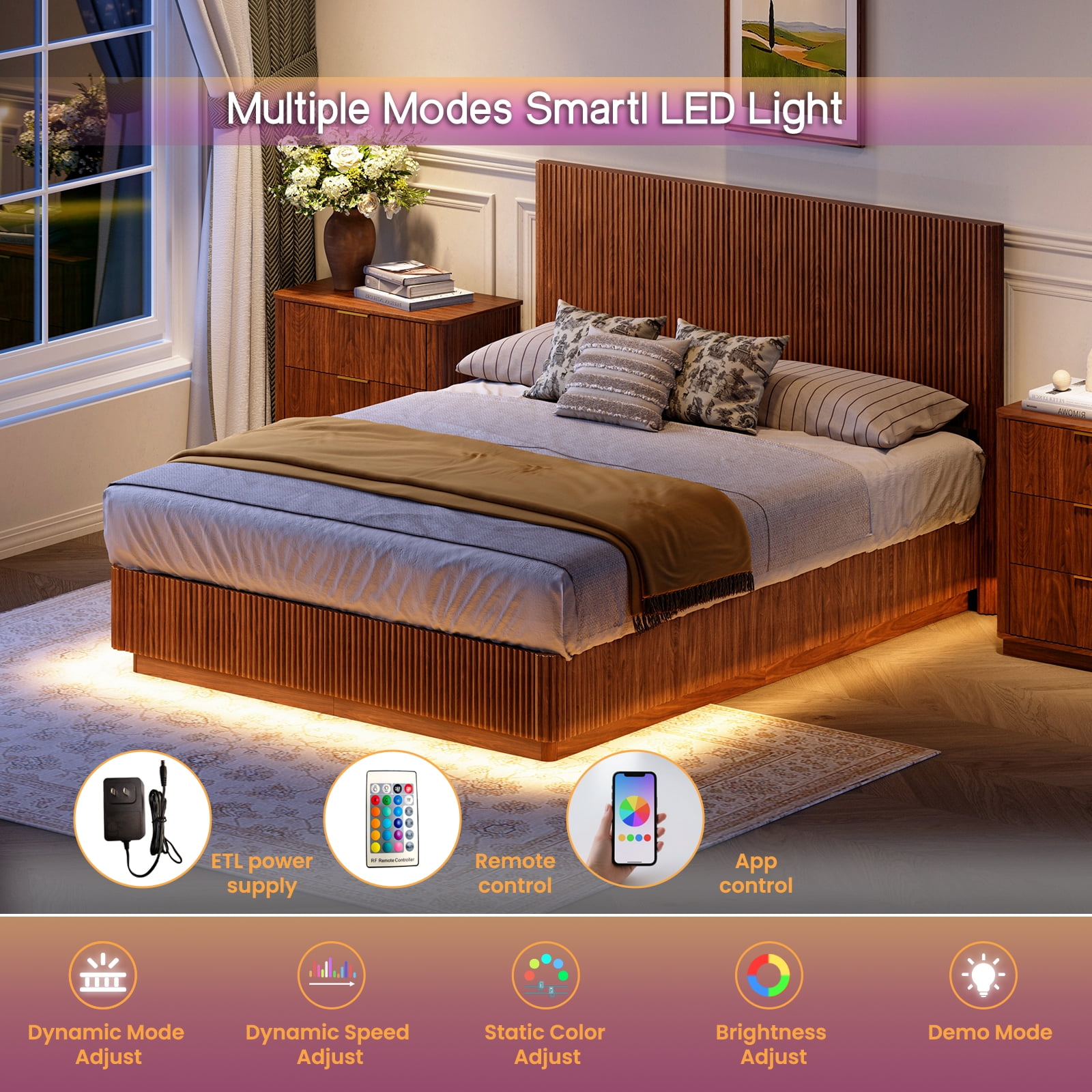 Queen Size Bed Frame with Built-In Nightlight System, Modern Wooden Corrugated Curved Lines Platform Bed, No Box Spring Needed, Adjustable Lighting, Walnut