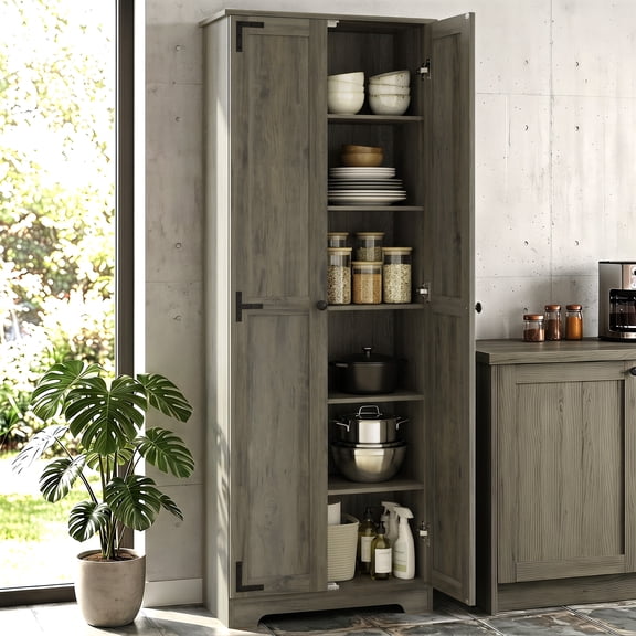 HOMCOM 67" Farmhouse Pantry Cabinet with Storage, Food Pantry Cabinet with Adjustable Shelves, Tall Storage Cabinet with 2 Doors, Distressed Gray
