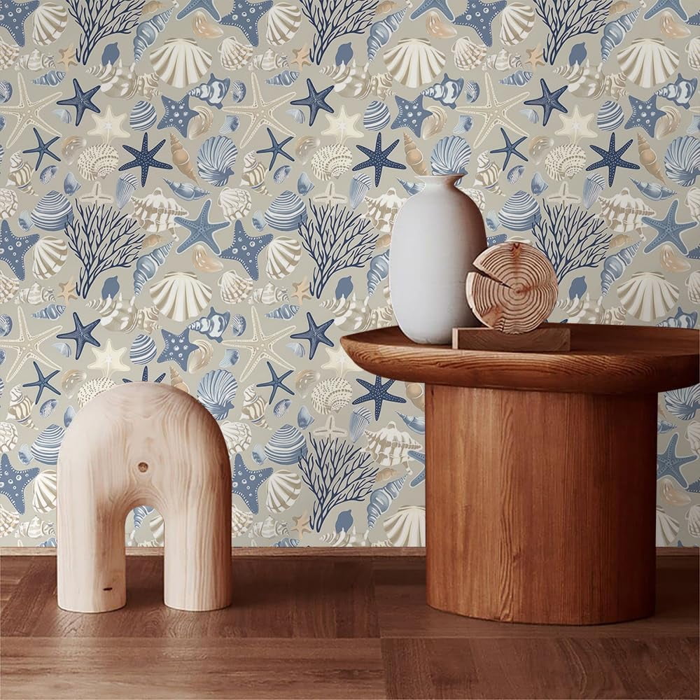 Boho Beige Cream Grey Blue Under The Sea Animal Coral Starfish Shell Peel and Stick Wallpaper Contact Paper Vintage Vinyl Stick on Wall Paper for Bedroom Bathroom Kitchen Cabinet Renter Friendly