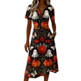 thumbnail image 4 of Womens Halloween Dress Bat Short Sleeve Witch Hat Vintage Wedding Guest Dresses Pumpkin V Neck Casual Wrap Dress L, 4 of 5