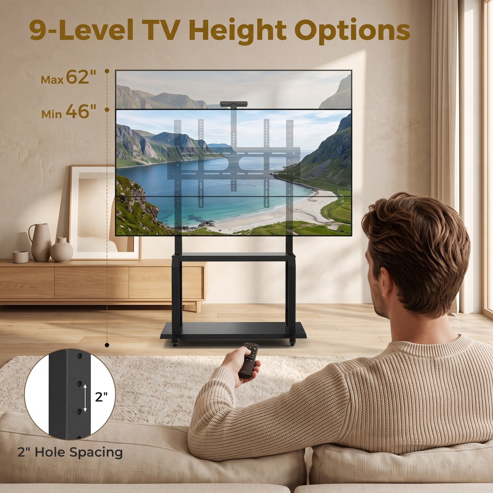 Furnibear Mobile TV Stand with Camera Shelf and AV Shelves for 32-80 Inch Flat Curved TVs, Height Adjustable Rolling Floor TV Cart with Locking Wheels, Holds up, Black
