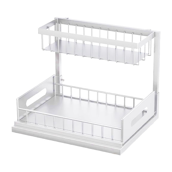 Under Sink Organizer,Cabinet Storage Rack,Pull Out Shelf,L Shaped 2 Tier Metal Under Sink Organizer with Sliding Drawer,Punch Free Slide Out Storage Rack for Kitchen Bathroom Cabinet,White