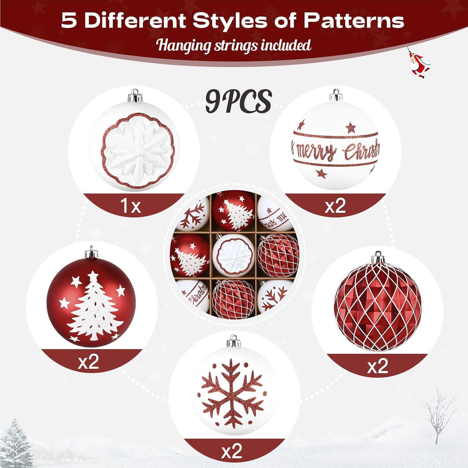 100MM/4 Inch 9PCS Large Christmas Balls Ornaments, Shatterproof Plastic Hanging Big Baubles Set for Xmas Tree Decoration Holiday Party Wedding Decorations with Hook