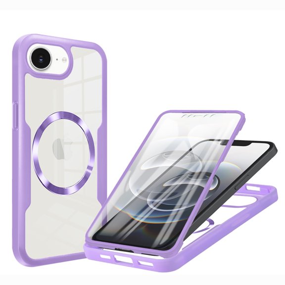 Magnetic for iPhone 16e Case, [Non-Yellowing Clear] Cover Compatible with Mag-Safe, Built-in Screen Protector & Support Car Mount Holder & Upgraded Camera Protection Shockproof Case, Purple
