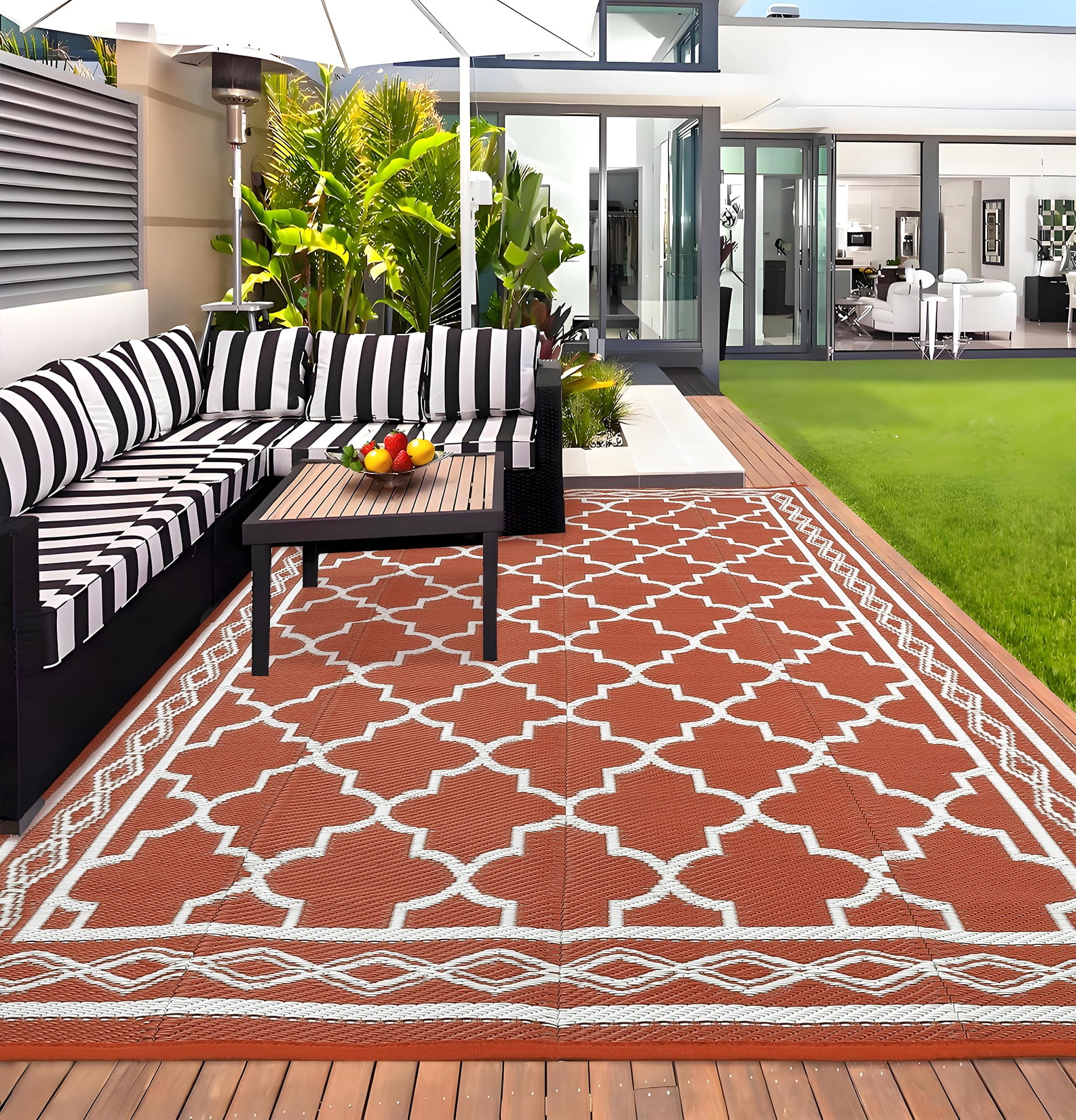 Garvee Outdoor Rug 8x10ft Waterproof for Patios, Reversible Plastic Straw Rug Camping Carpet Mats for RV, Picnic, Backyard, Deck, Balcony, Porch, Beach, Orange & White