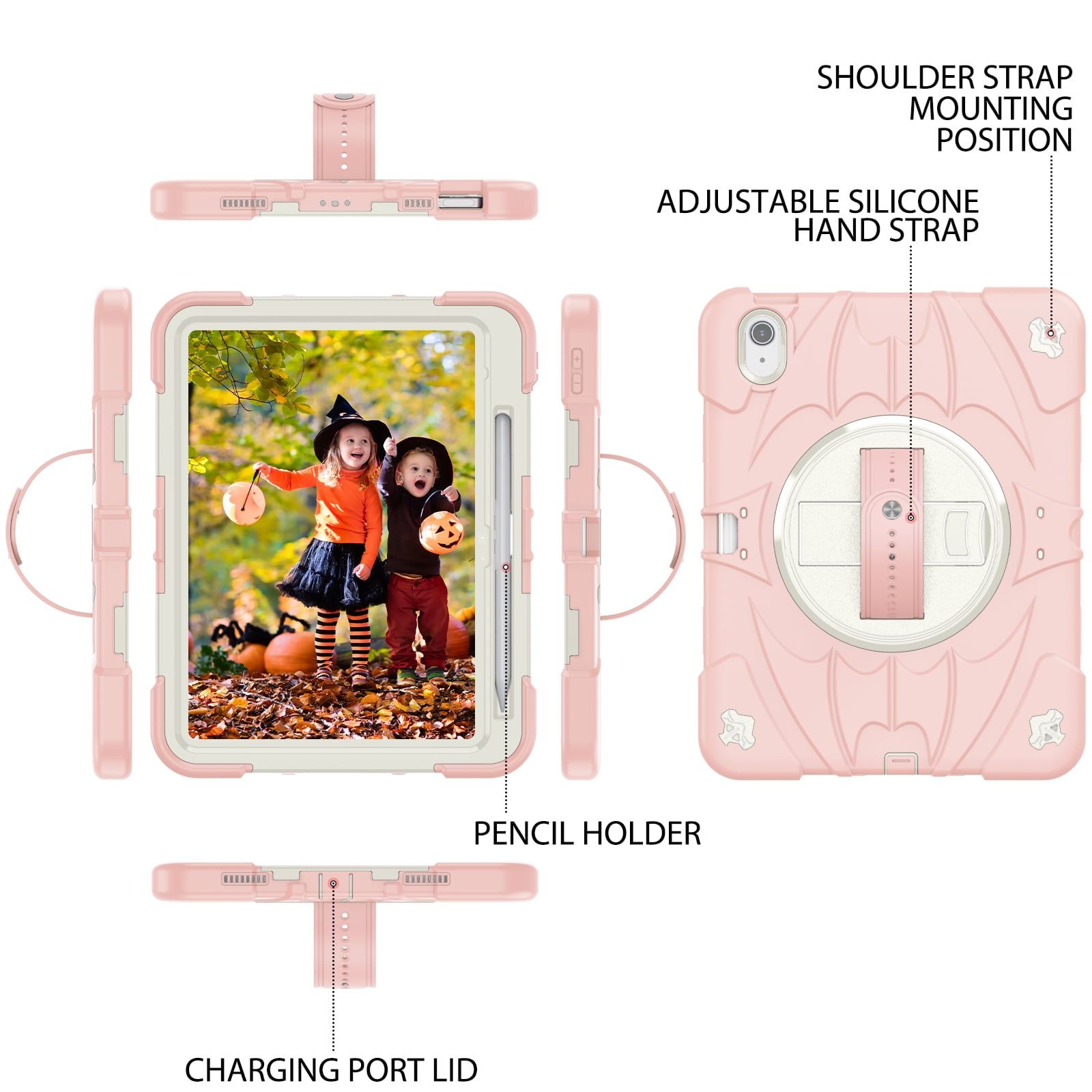 ELEHOLD Case for Apple iPad 10th Gen, Heavy Duty Shockproof Case with Pencil Holder/Stand/Hand Strap/Shoulder Belt, Rugged Protective Cover for Boys Girls,Pink