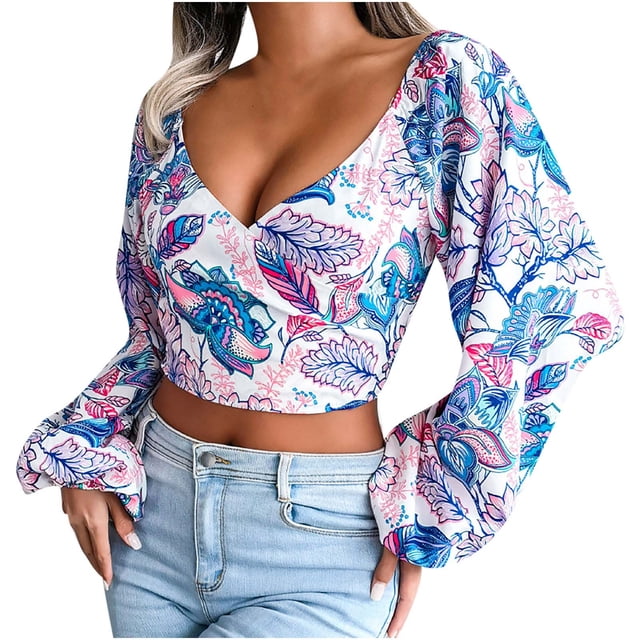 Moda mujer Casual manga larga estampado Floral gasa camisa anudada camisa linterna manga Tops Fridja czfsfas494