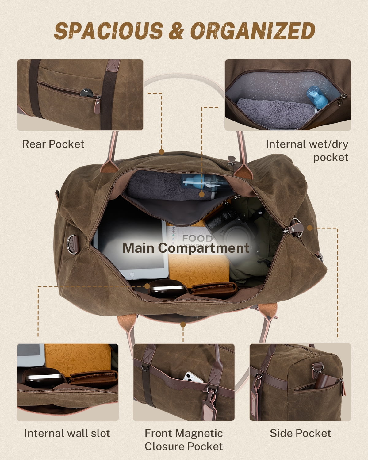 Gonex Waxed Canvas Duffle Bag, 55L Water-Resistant Travel Duffel, Vintage Overnight Weekender Bag with Shoes Compartment for Men & Women