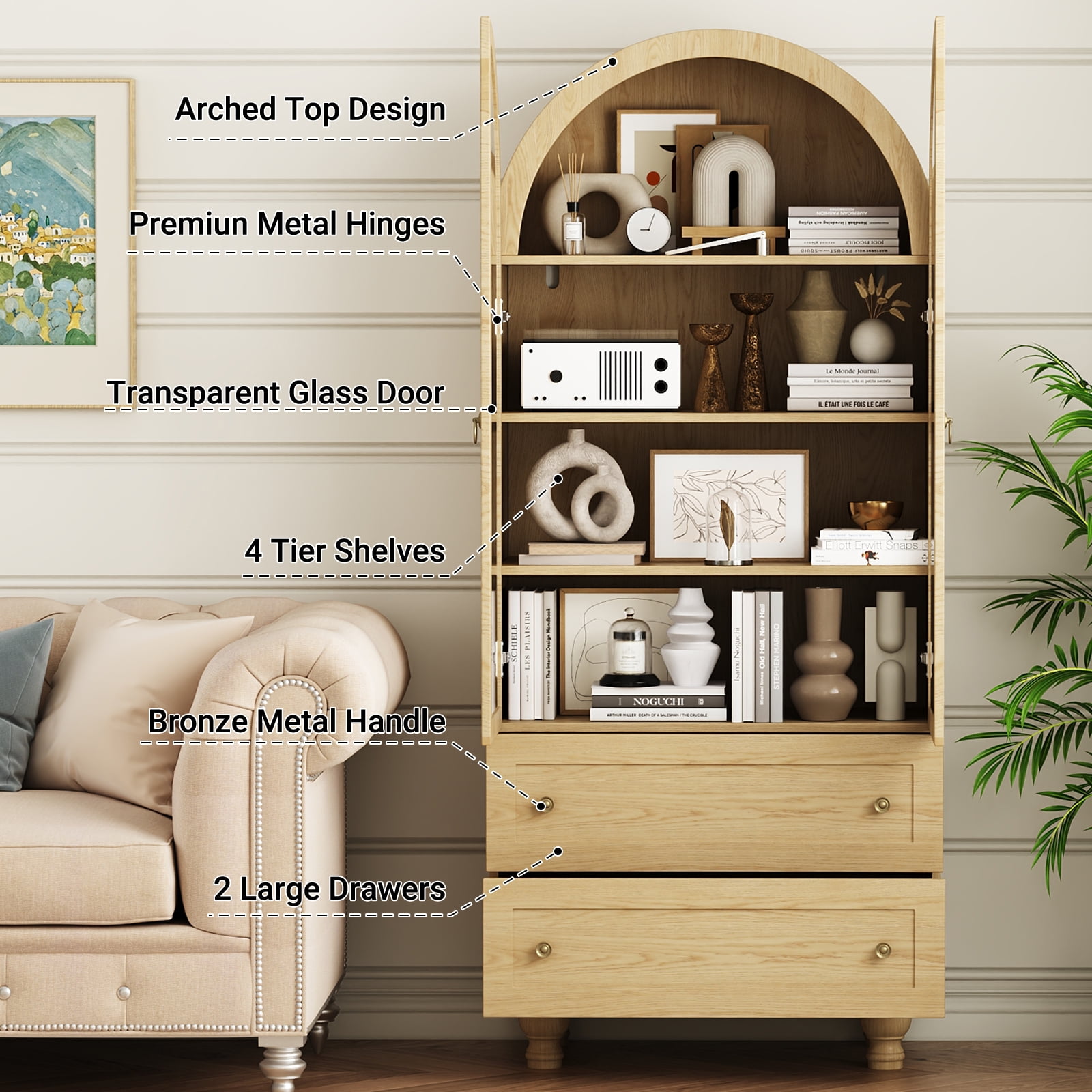 IDEALSOUL Arched Kitchen Pantry Cabinet, 71" Tall Wood Storage Cabinet with 2 Glass Doors, 4 Shelves and 2 Drawers, Food Cabinet for Kitchen, Living Room, Bedroom(Wood color)