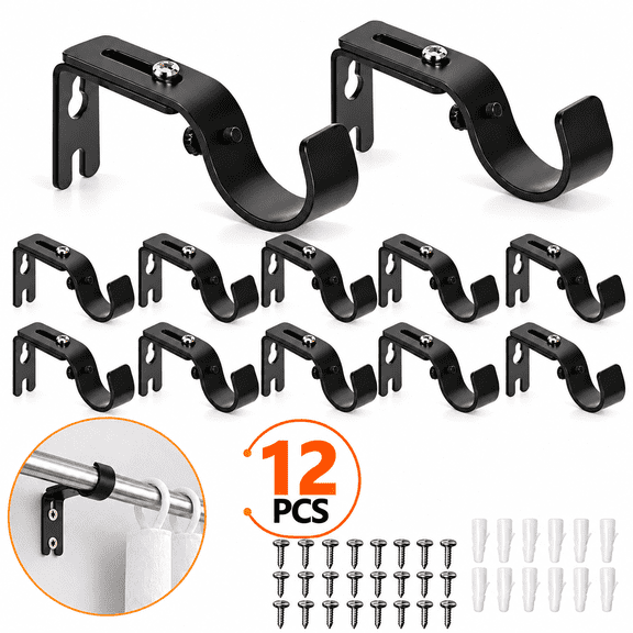 12 Pack Adjustable Curtain Rod Brackets, Black Iron Curtain Rod Holders and Curtain Rod Hangers for 1 Inch Rods, Wall Mount Brackets for Curtain Rods, Curtain Rod Support Hardware